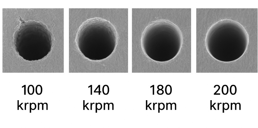 Comparison of hole-wall smoothness at different spindle speeds (100–200 krpm) Comparison of hole-wall smoothness at different spindle speeds (100–200 krpm)